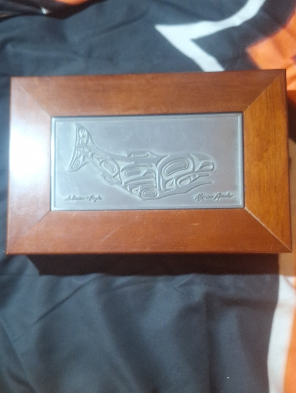 Vintage Roxana Leask Salmon & Eagle Pewter Wood Trinket Box